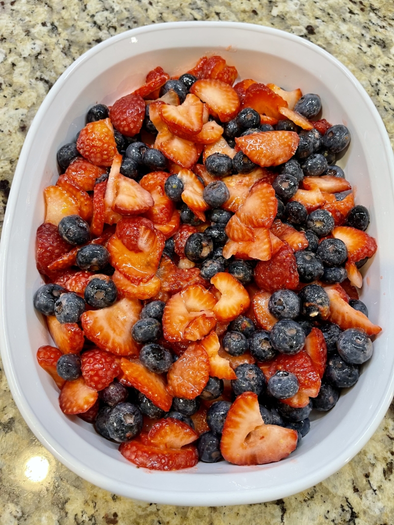Fresh berries fill the dish.